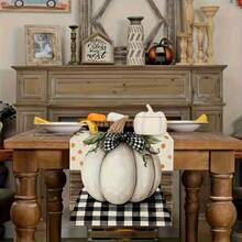 1pc Autumn Gratitude Sister Theme Table Runner - Pumpkin With Green Leaves And Black Grid Design, Suitable For Holiday Parties, Kitchen Dining, Home Decoration, Durable Polyester Material Holiday Table Decoration, Holiday Table Decoration, Autumn Harvest Theme Decoration, Bow Decoration, Autumn And Thanksgiving Decoration.