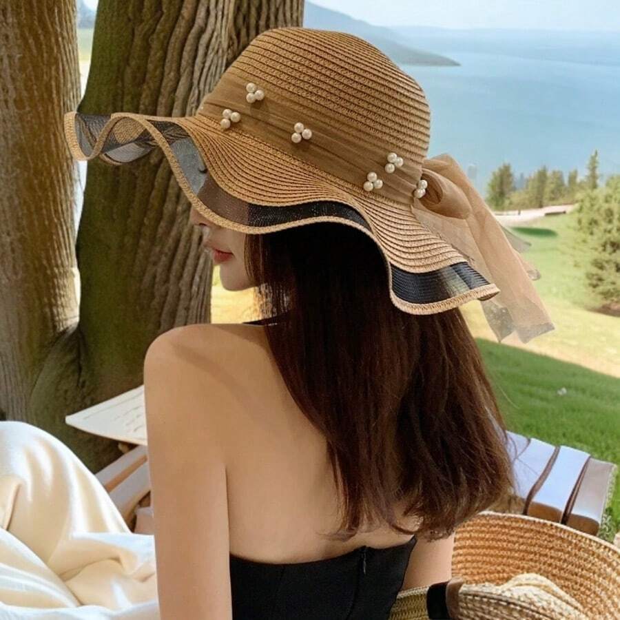 1pc Bow Tie Pearl Ribbon Outdoor Beach Sun Protection French Style Straw Hat, Suitable For Vacation And Travel - Khaki - View 1