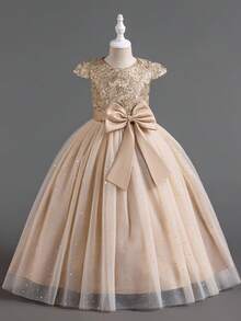 Princess Girls Embroidered Tulle Bow Decor Birthday Party Dress Formal Wear Flower Girl Wedding Pageant Long Gown - Rượu sâm banh - Xem 2