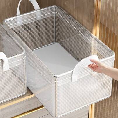 1pc Plastic Storage Box With Steel Frame And Reinforced Handle, Transparent Stackable Storage Container, Suitable For Storing Clothes, Books, Household & Dorm Essentials, Large Capacity, Durable