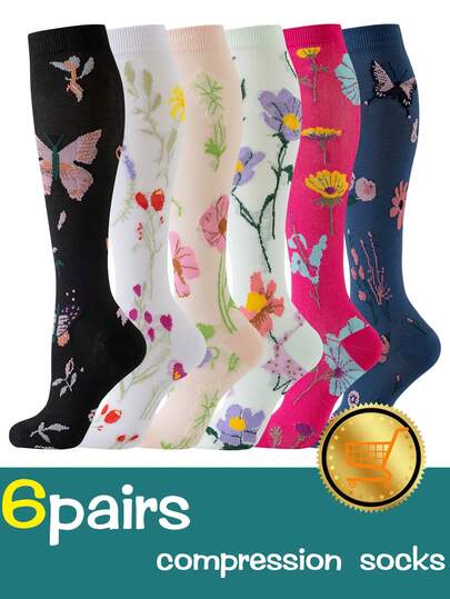 6双装男女通用花卉图案压缩袜，护士适用，渐进式支撑，透气可爱设计，适合旅行、跑步等场合，花卉图案压缩小腿袜，女士节/母亲节礼物袜，Y2K风格，舒适保暖
