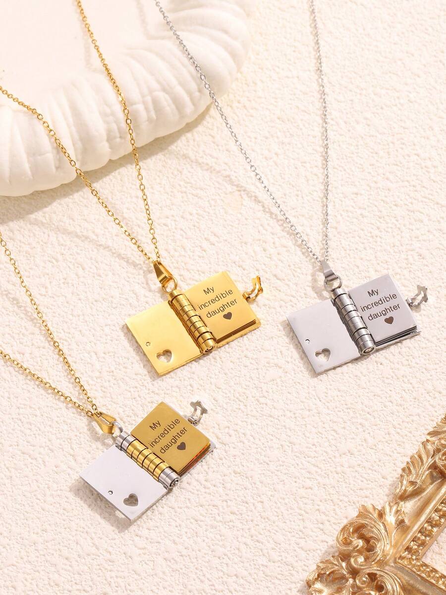 1 pezzo Elegante collana con pendente a forma di libro a forma di lettera d'amore in acciaio inossidabile, gioiello unisex ideale per uso quotidiano, vacanze, famiglia/amanti/amici