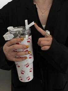 1pc30oz Red And Pink Bow Cherry Pattern Water Cup, Stainless Steel Insulated Coffee Cup, Double-Layer Protective Vacuum Water Bottle With Lid, Highly Attractive Outdoor Portable Coffee Cup, Perfect Christmas Gift, Portable And Reusable. - Multicolor - View 4