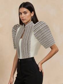 Amyenjoylife Modern Filipiniana Summer Women's Fashionable And Elegant Bubble Sleeve Short Sleeved Shirt