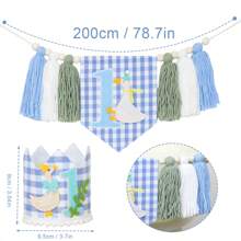 [INS Style Big Goose Theme] 1 Year Old Baby Birthday Party Decorations - Wooden Bead Tassel Garland + Cute Blue Birthday Hat, Boho Style 1st Birthday Party Props, Baby Photo Shoot Background Decor