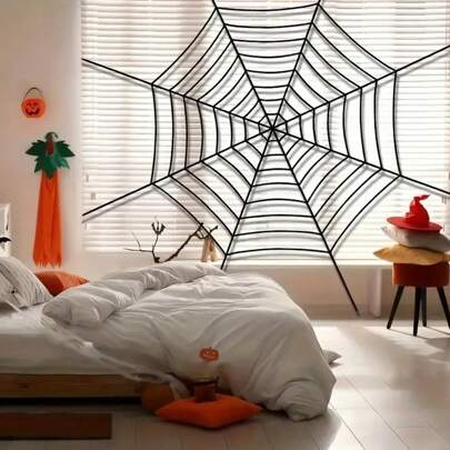 1pc Realistic Black Plush Spider Web Halloween Decoration - Outdoor/Indoor Wall Decoration, Durable Polyester Material Suitable For Haunted House, Party And Home Horror Atmosphere Props, Halloween Home Decoration Room Decor