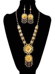 3 件时尚优质项链耳环套装铜镀金玫瑰花朵图案硬币链首饰套装适合女性婚礼首饰节日礼物