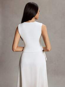 Nouveau style pour femmes Gilet cardigan ouvert en tricot à col V sans manches avec boutons métalliques, ourlet asymétrique , décontracté, printemps été automne - Beige - Voir 6