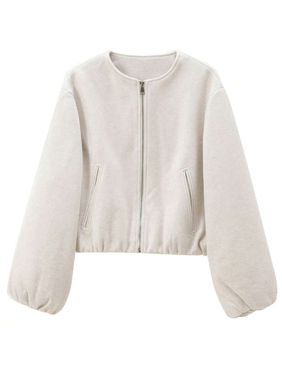 Women's Zip-Up Bomber Jacket, Short Pilot Jacket For Autumn/Winter, Black, Beige, Grey, Long Sleeve, Faux Suede Baseball Coat White Spring - White - View 1