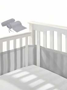 2 件纯色透气网状婴儿床衬垫，无需工具即可轻松安装，纯色透气婴儿床保险杠