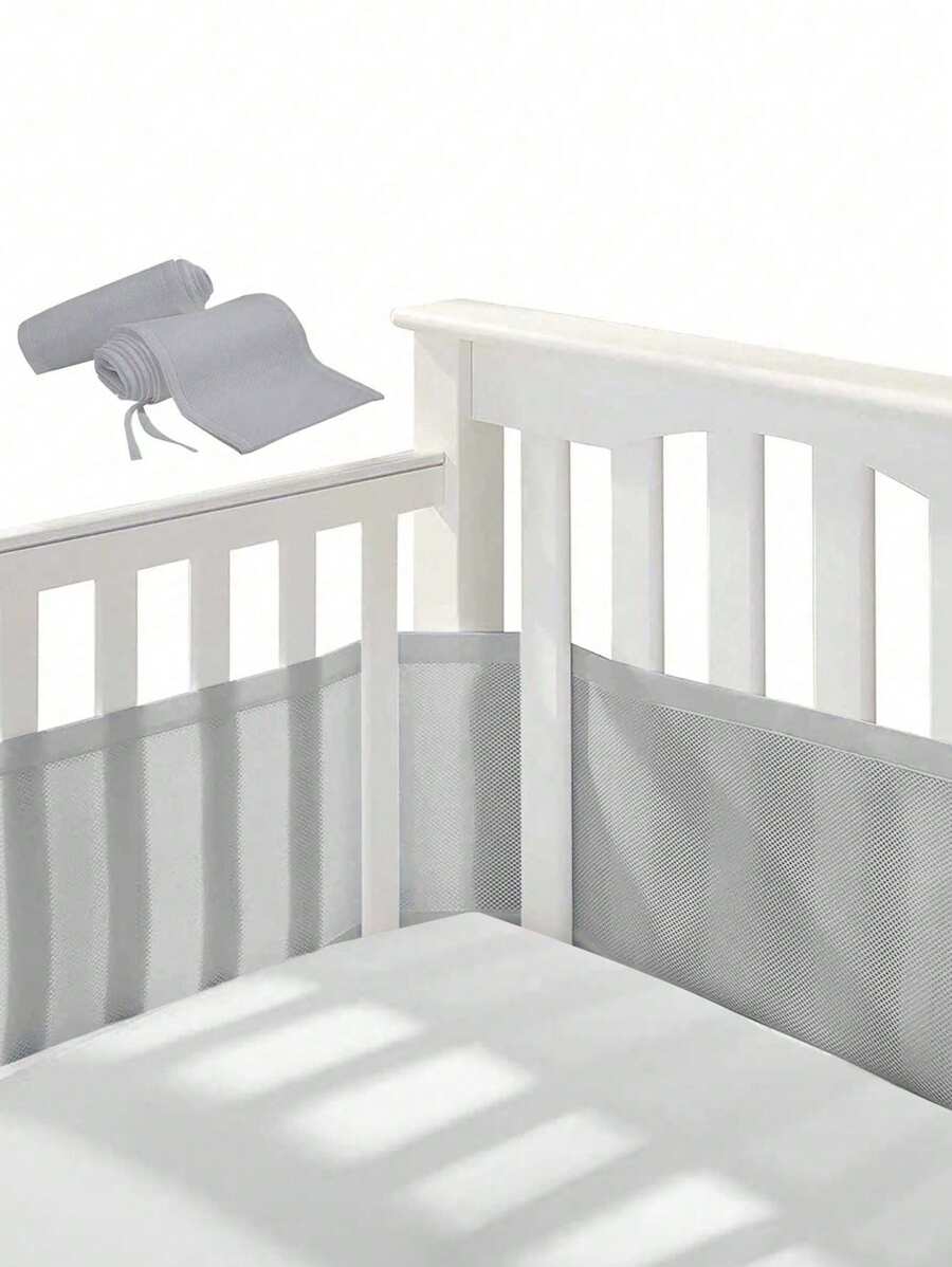2 件纯色透气网状婴儿床衬垫，无需工具即可轻松安装，纯色透气婴儿床保险杠
