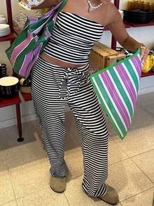 Vaiaye 女式夏季性感条纹针织休闲露肩上衣和休闲版型腰带裤，适合日常穿着