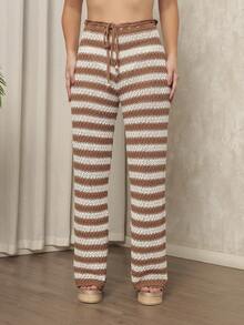 Women's Beach Cover-Up Pants, Crochet, Striped, Knitting, Summer Fashion - 駝色 - 查看 2