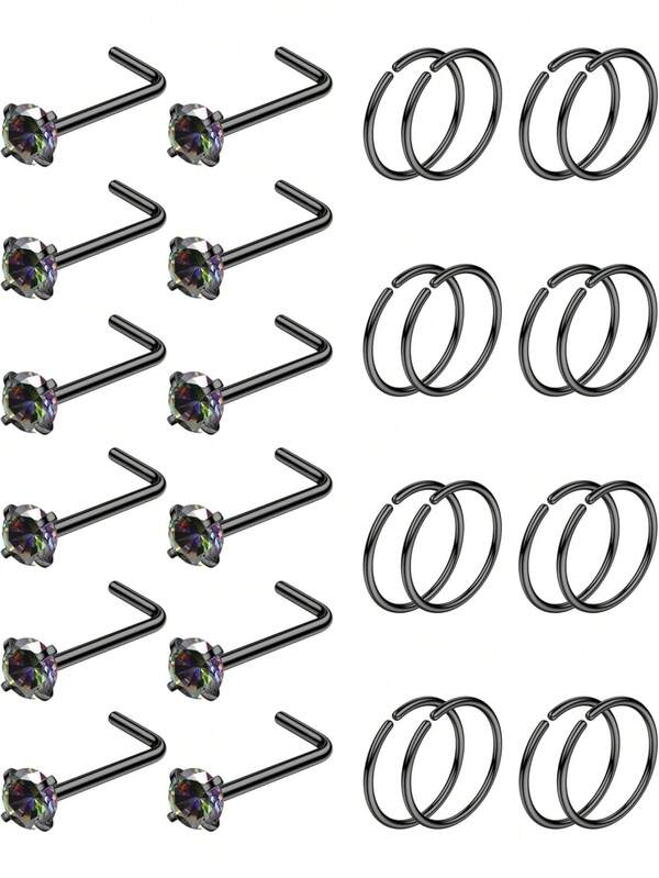 Milacolato Hypoallergenic Nose Rings Hoops Studs - 316L Stainless Steel Nose Ring For Women Men - L Shaped CZ Nose Stud Hoop Nostril Piercings Jewelry Set 18G 20G 22G Silver Rose Gold Black Rainbow