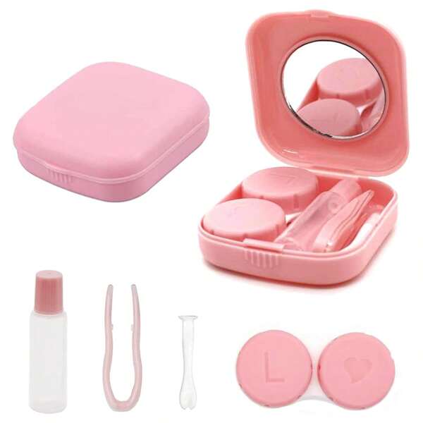 1 pieza Estuche de lentillas portátil, higiene de lentes de contacto, juego de viaje con espejo y pinzas de succión para lentillas, color rosa