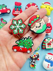 16 件圣诞系列，圣诞主题鞋靴装饰配件，PVC 装饰衣架，可拆卸塑料 DIY 零件，涵盖经典圣诞元素，如圣诞树、雪人、驯鹿、圣诞袜、圣诞毛衣等节日圣诞老人和雪人图案 - 綠色 - 查看 9