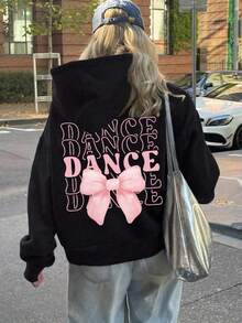 Teen Girl Sweatshirts Hoodie Cartoon Bow And Slogan Print Oversized Pullover Sweaters Top Y2K Girl's Preppy Clothes - Black - View 4