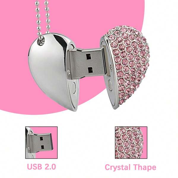 Memoria USB 2.0 de 32GB/64GB con forma de corazón de cristal, diseño de corazón de diamante de cristal, color rosa