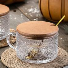 4-Piece Set 450ml/15.2oz, Overnight Oat Container With Bamboo Lid And Spoon - Transparent Embossed Glass Cup, Cute Coffee Bar Accessory, Iced Coffee Cup, Suitable For Halloween, Christmas, Easter, Thanksgiving. - Transparent - View 7