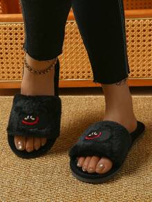 1 Pair Cute Black Cat Open Toe House Slippers, Unisex Indoor Slippers