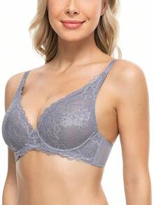 Women's Sexy Lace Bra Non-Padded Underwire See Through Unlined Bra Mesh Sheer Plunge Low Cut Braletteshalloween - Grey - View 8