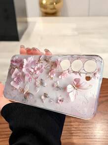 غطاء هاتف ناعم شفاف مزين بزهرة وفراشة وثيق التوافق مع هواتف سامسونج جالاكسي A04e/12/A13/A14/A34/A50/A52/A53/A54/S21/S22/S23/S24/S25/S25Ultra