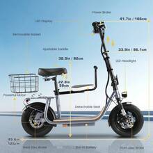 tooluck Electric Scooter Adults With Kid Seat, Electric Scooter Adults With 12" Tires,Up To 30Miles&20MPH, Foldable E Scooter With Seat For Commuting - Grey - View 8