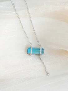 夏季 925 纯银女士项链，方形海蓝宝石水晶项链，镶嵌精美钻石锆石时尚珠宝礼物，适合海滩度假、节日、约会和女性日常佩戴 - 銀色藍色水晶 - 查看 8