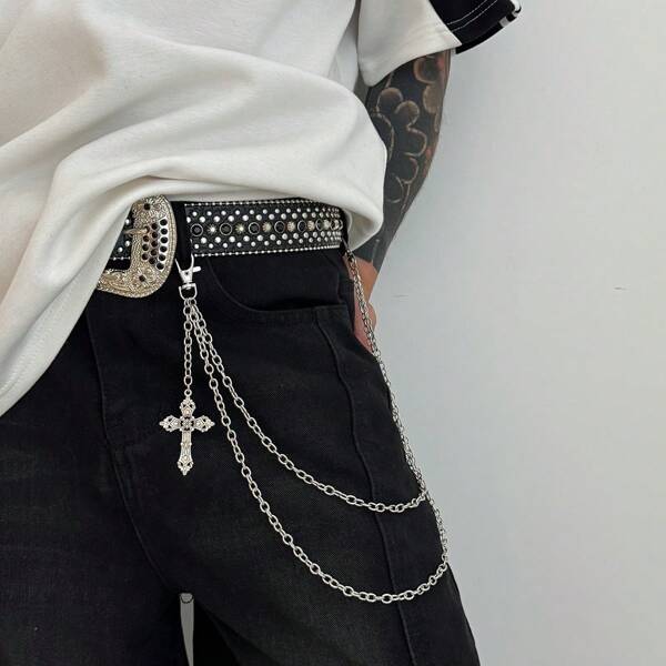 1PC, Fashionable Jeans, Chain, Men's High-End Hip-Hop Style, Niche Cross Pearl Pendant, Street Waist Chain Accessory, And Individual, Retro Punk Style, High Appearance Level, Men's Fashionable Jewelry, Men's Body Chain, Belt Accessory, Waist Accessory Jewelry Pants Chains Chain For Pants Waist Chain Wallet Chain Pocket