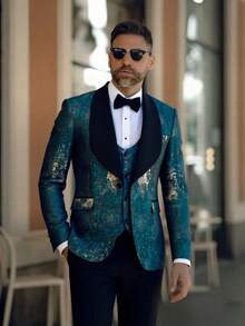 Men's  Gradient Graffiti 3-Piece Suit Set - Blazer, Vest & Stretch Waist Black Pants Edgy & Stylish