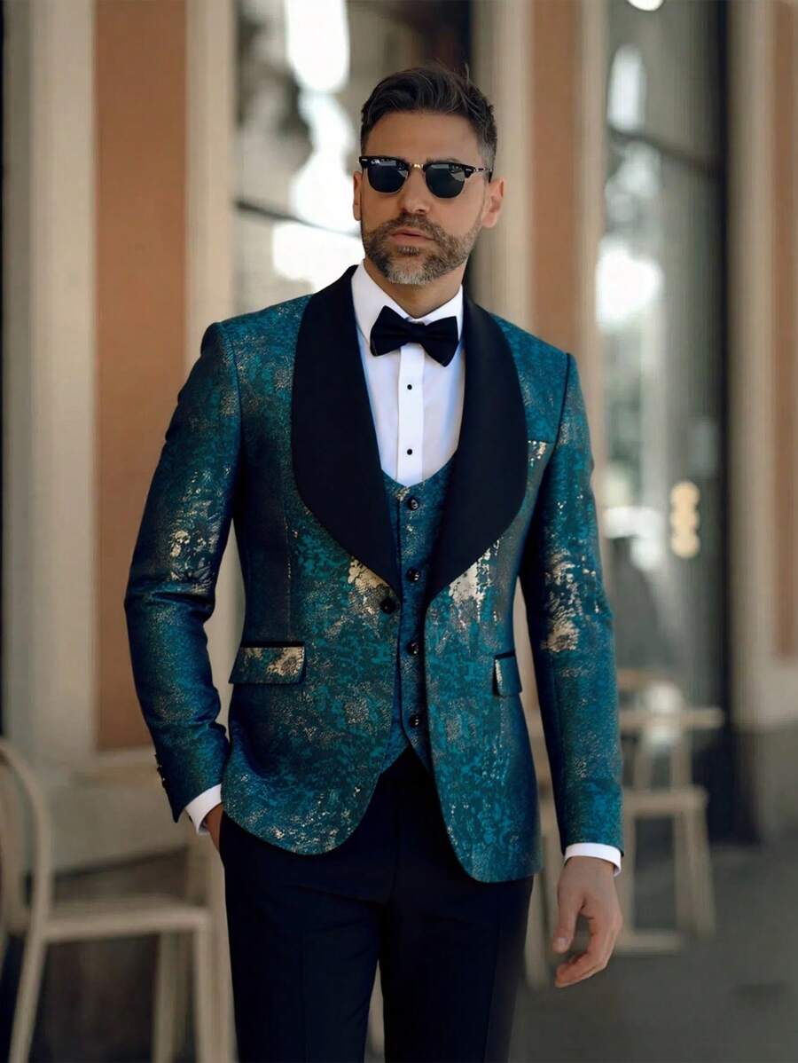 Men's  Gradient Graffiti 3-Piece Suit Set - Blazer, Vest & Stretch Waist Black Pants Edgy & Stylish