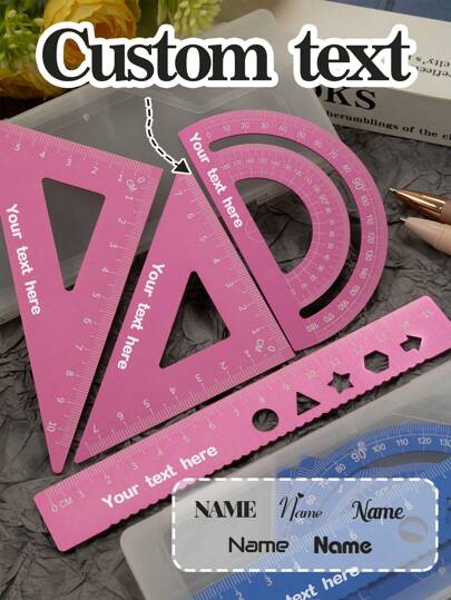 Custom Ruler Set With Text,Personalized Rulers,Triangle Ruler,Wave Line Ruler,Protractor,Back To School Supplies,College Essentials,Teacher's Day,Drawing,Painting,Measuring Tools,School Supplies,Stationery,Two Colors,Customized,Customizable,Daily,Students,Teachers,Offices,Boys,Girls,Friends