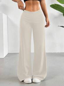 净色高腰喇叭直筒裤 - 杏色 - 查看 5