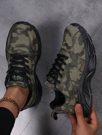 Camouflage Leather Non-Slip Sports Shoes, Women's Ultra-Light Running Shoes With Soft Soles, Comfortable Walking Shoes Women's Fitness Training Shoes, Non-Slip Supportive Sports Shoes For Gym, Weightlifting, Comprehensive Fitness Women's Chunky Sneakers, 2025 New Elevated & Slimming Casual Sports Shoes Women's Non-Slip Durable Outdoor Trail Running Shoes