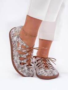 Damskie, sznurowane, płaskie buty casualowe - Złoto - Zobacz 1
