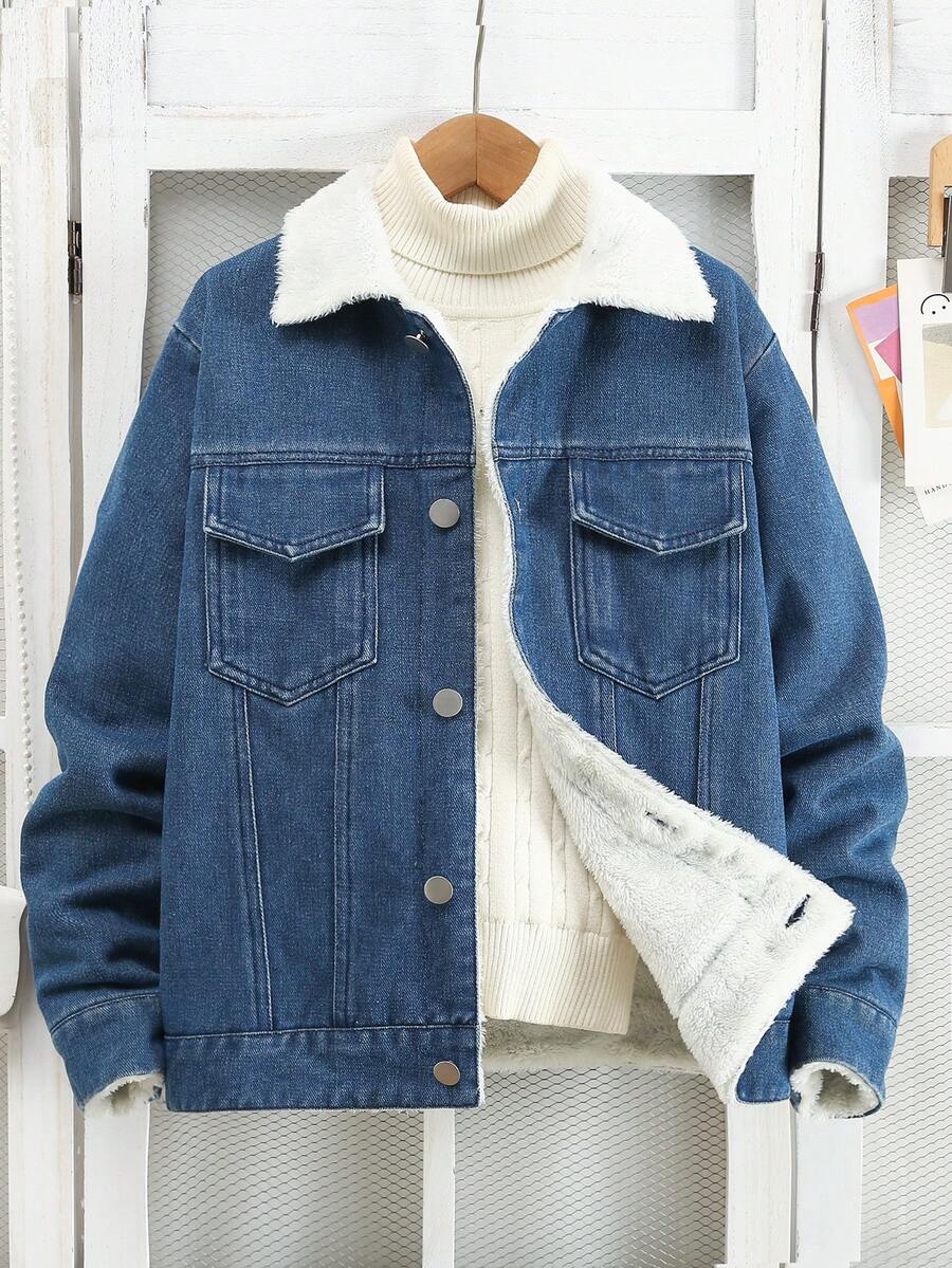 青少年女孩休闲户外百搭纯色保暖衬里牛仔夹克