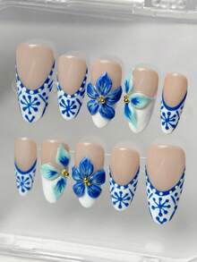 10 piezas de puntas de uñas con forma de almendra hechas a mano, diseño de flores en relieve de porcelana azul y blanca con decoración de cuentas doradas en 3D, juego de arte de uñas removible y reutilizable con 1 pieza de raspador de gel de gelatina