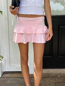 Layered Ruffle Mini Skirt For Women Summer Dots/Stripe/Heart Print/Solid Color High Waist Short Skirts - 藕粉色 - 查看 3