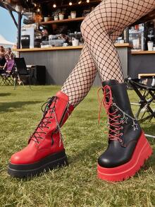 Goth Platform Boots For Women Punk Combat Boots Mid Calf Motorcycle Boots Round Toe Boots Lace-Up Back Zip Wedges Y2K Cosplay Size 11