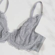 Women's Sexy Lace Bra Non-Padded Underwire See Through Unlined Bra Mesh Sheer Plunge Low Cut Braletteshalloween - Grey - View 2