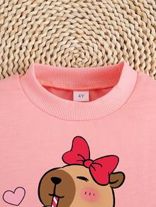 Young Girl Cartoon Print Crew Neck Sweatshirt And Leggings Set - Pink - View 7