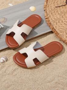 1 Pair Beige Round Toe Lightweight Luxury Open Toe Slippers, Casual Minimalist Fashion, Flat Beach Sandals Suitable For Indoor And Outdoor, Daily, Vacation And Travel