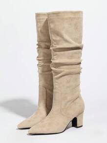 2025 年秋冬女士时尚热销尖头褶皱高跟绒面革和皮革及膝一脚蹬靴，黑色 - 杏色 - 查看 7