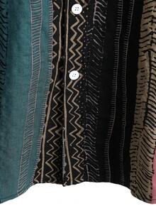 男士纽扣衬衫，复古休闲假日短袖衬衫 - 墨綠色 - 查看 5