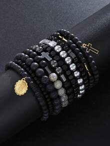 5/6pcs Vintage Bohemian Bead Wooden Bracelet Set For Men, Holiday, Date, Party, Valentine's Gift, Everyday Wear - Style 1 - View 9