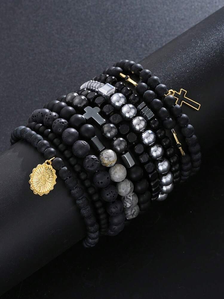 Set de 5/6 piezas de pulseras de madera con cuentas de estilo bohemio vintage para hombres, para vacaciones, citas, fiestas, San Valentín, uso diario - Estilo 1 - Añade 8