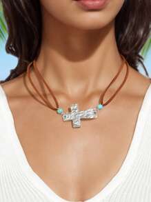 1 件串珠和十字架装饰双层棕色皮革颈链女士西部饰品 - 棕色 - 查看 1