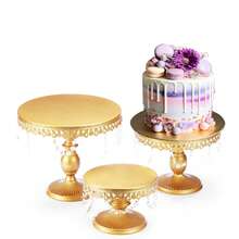 3Pcs Antique Cake Stand Set - Round Metal Cupcake Stands With Pendants And Beads - Elegant Dessert Display, For For Wedding, Birthday Party Decor, Gold/ White/Pink - 金色 - 查看 7