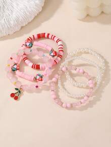 6pcs/Set Girls' Soft Clay Faux Pearl Beaded Cherry Bracelet Set, Suitable For Teenagers - Multicolor - View 6