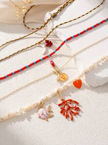 4 件波西米亚海洋鱼、海马、珊瑚、心、月亮不对称贝壳石吊坠项链套装，多层项链适合女性日常佩戴、夏季海滩、派对 - 彩色 - 查看 3
